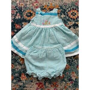 VTG Youngland Baby Girl Dress Blue Gingham Flowers Size 24M Bloomers